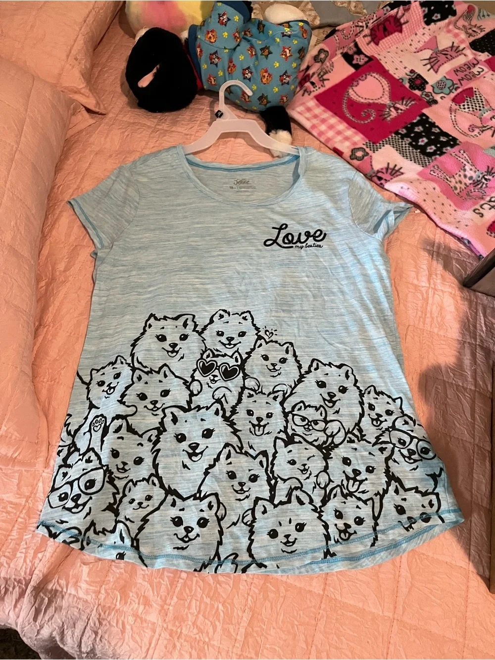 Justice Light Blue Short Sleeve Tee with Black Puppy Print